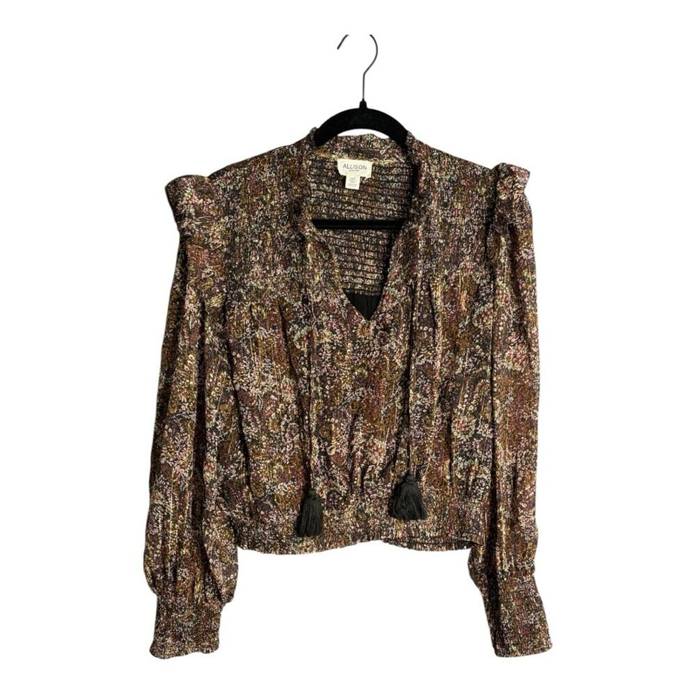 Allison Black Brown Print Gold Metallic Stripe Tassel Boho Blouse Medium